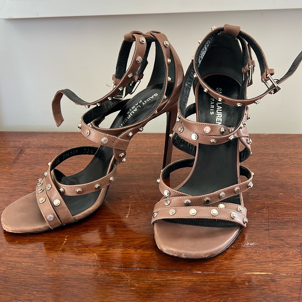 Saint Laurent Strappy Studded Sandals size 7.5 tan beige brown